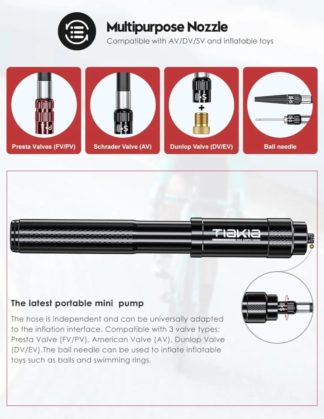 Tiakia Mini Bike Pump – 260 PSI High Pressure image indicator(9)