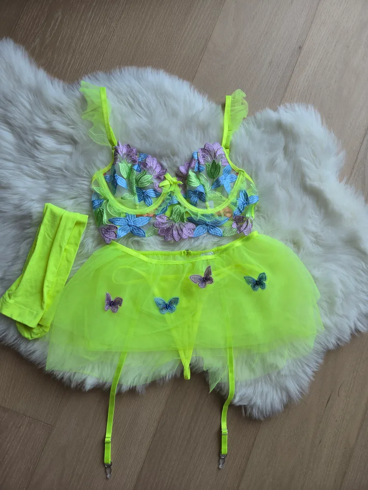 Neon Green Butterfly Lingerie Rave Set, Size S thumbnail