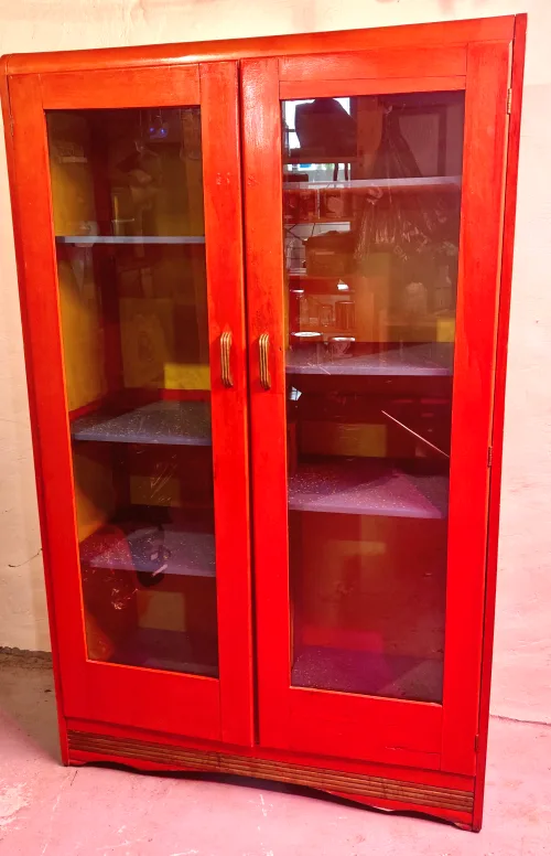 Vintage Red Wooden Cabinet With Glass Doors thumbnail