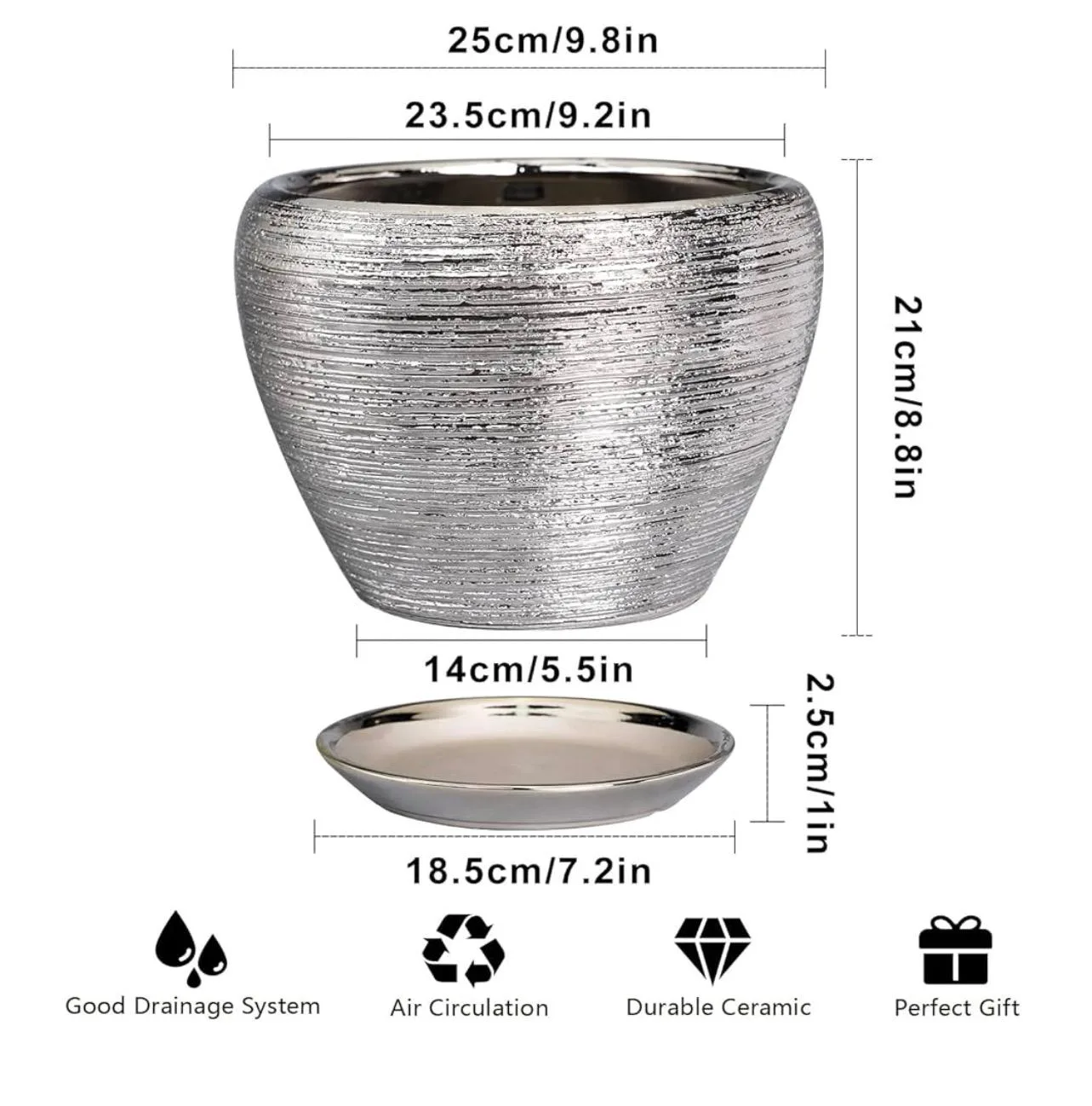 Silver Ceramic Plant Pot with Drainage Tray image indicator(2)