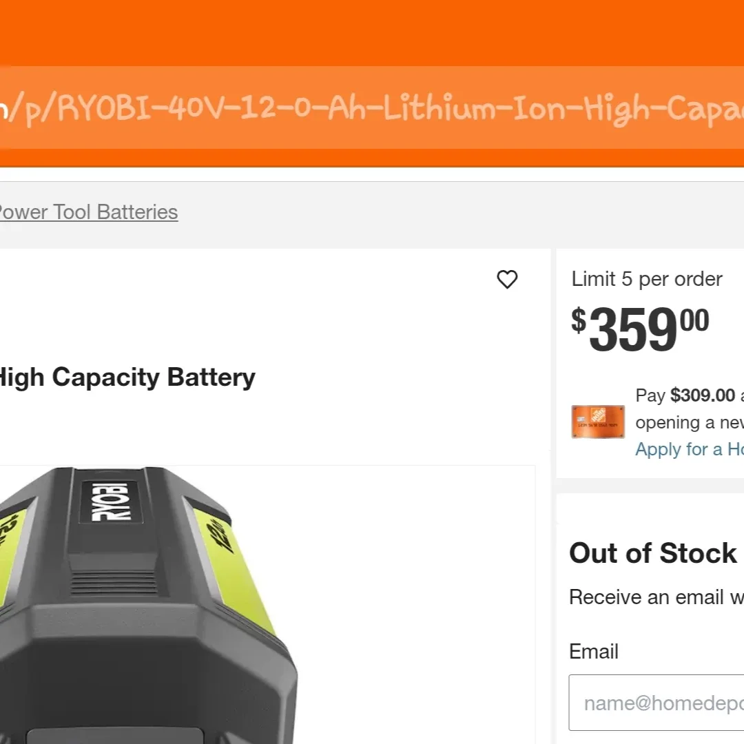 Ryobi 40V 12Ah Lithium Battery thumbnail