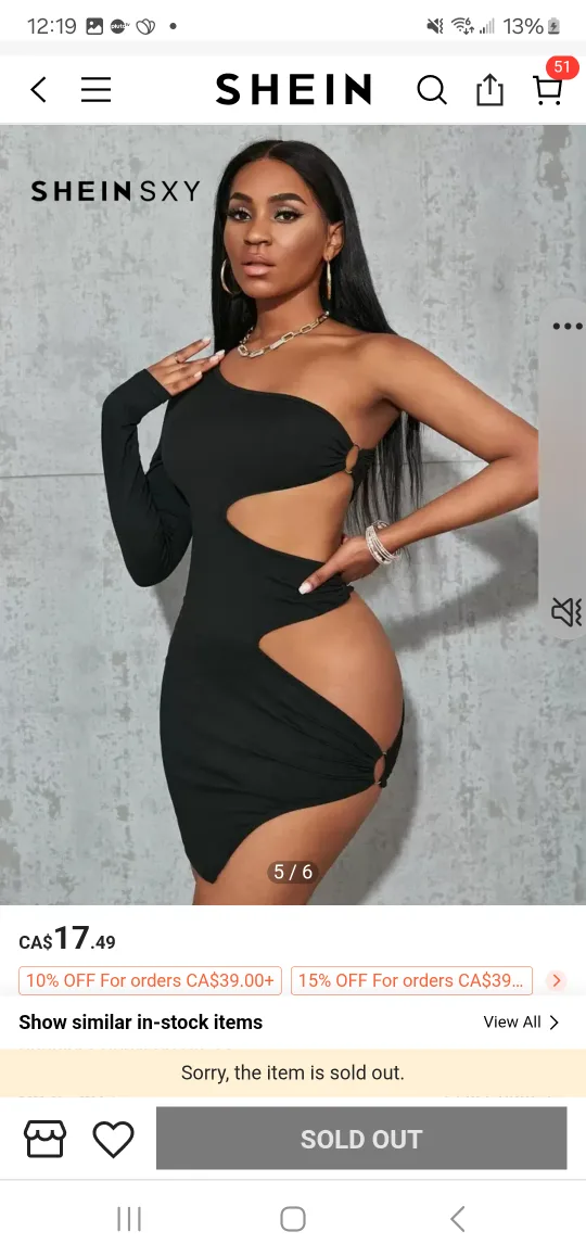 SHEIN Black Cut Out O-Ring Side One Shoulder Dress - L image indicator(2)