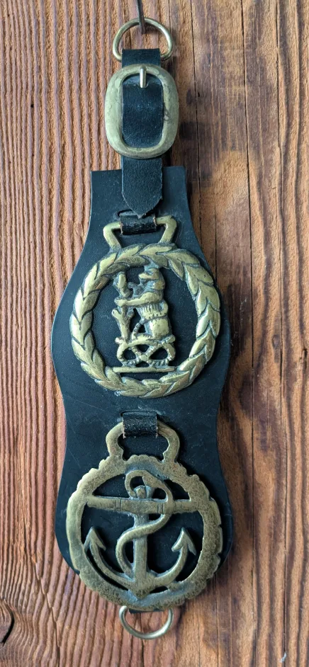Vintage Horse Brasses on Leather Wall Hanging thumbnail