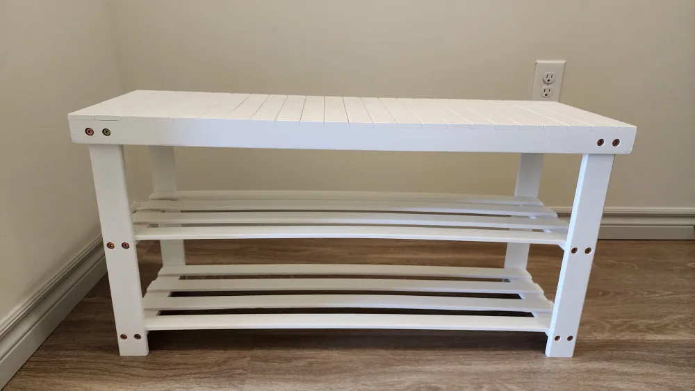 SMIBUY Bamboo Shoe Rack Bench, 3-Tier Shoe Organizer - White thumbnail