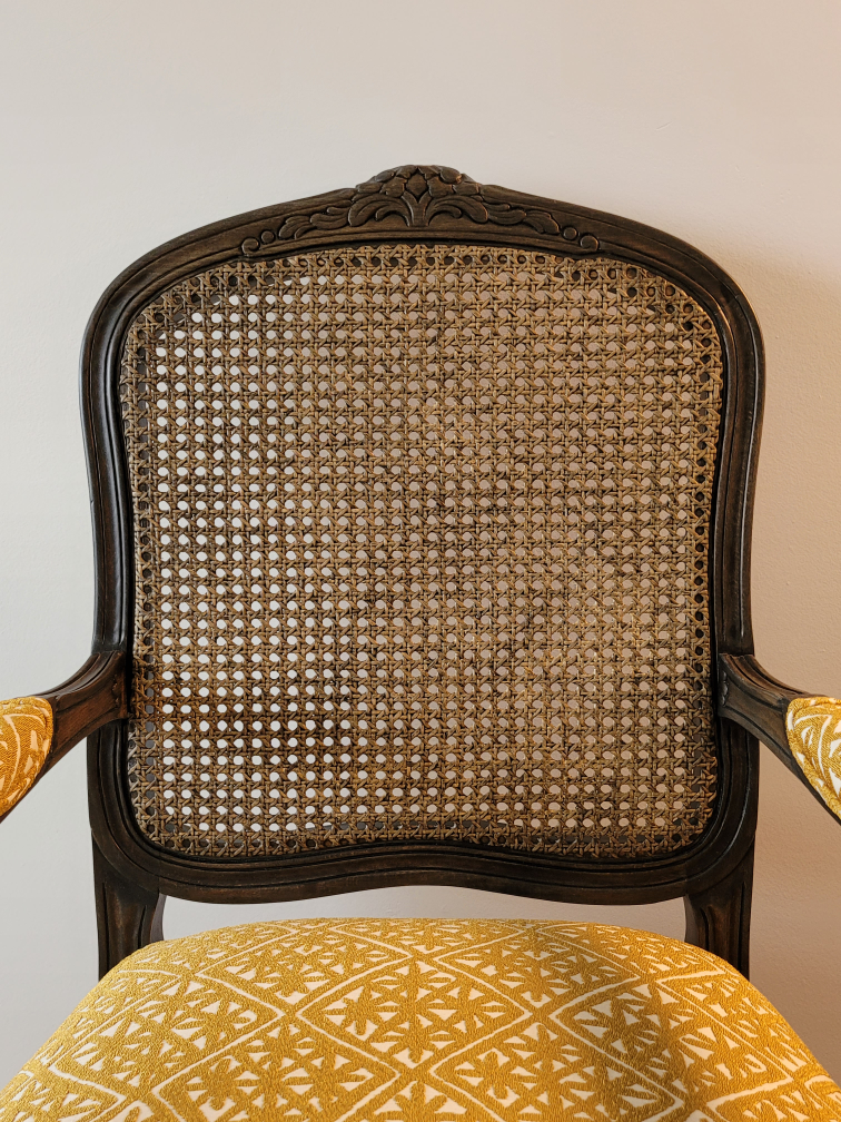 Antique Cane Back Armchair - Yellow Patterned Seat - photo 2