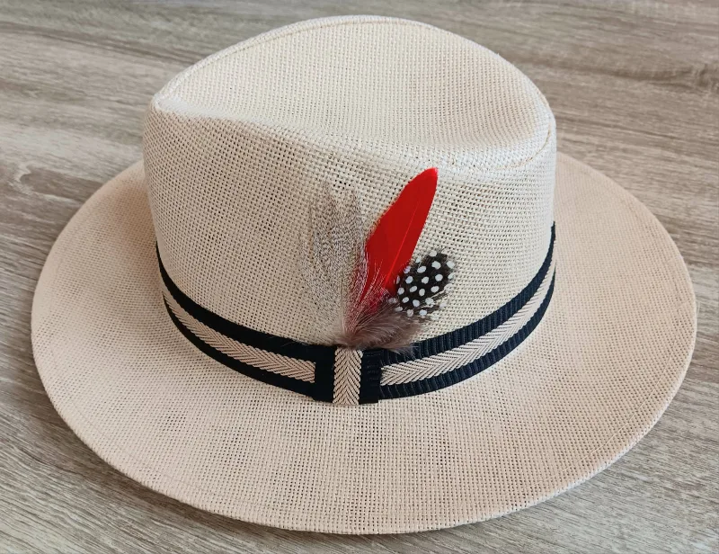 Brand New Unisex  Beige Panama Hat with Feather thumbnail