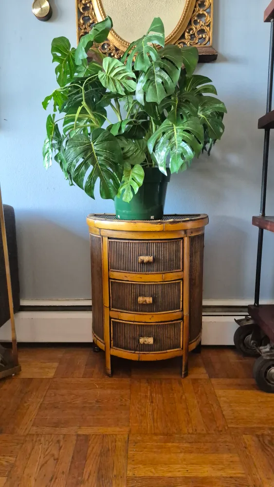 Vintage Three Drawer Rattan Half-Moon End Table/Nightstand thumbnail