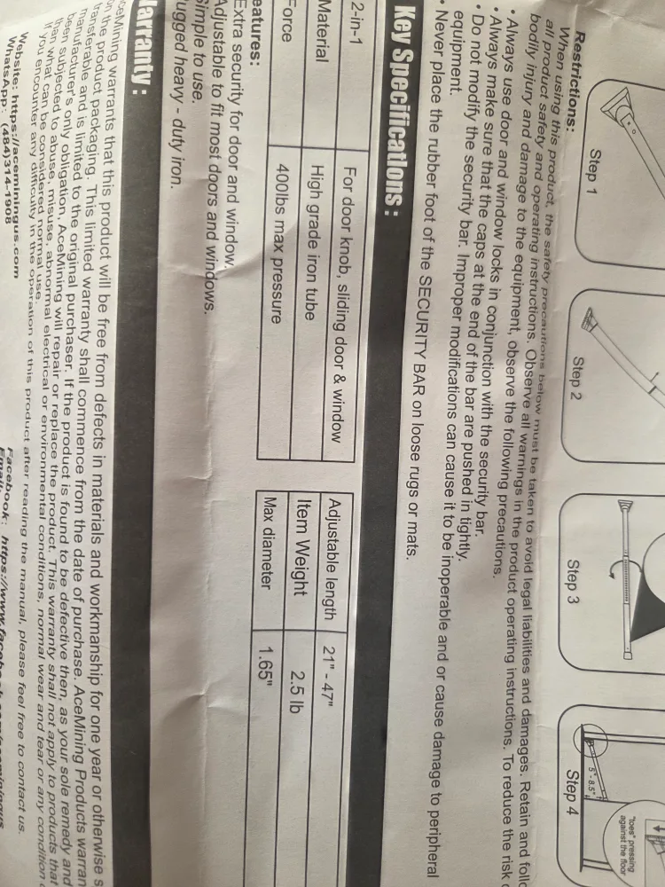 ACEMINING Security Bar - Adjustable Door & Window image indicator(3)