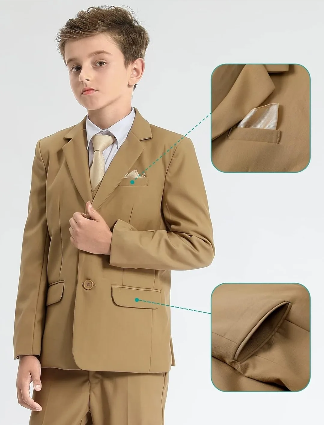 Boys Size 12 Khaki Formal 5-Piece Suit Set | Wedding, Graduation image indicator(4)