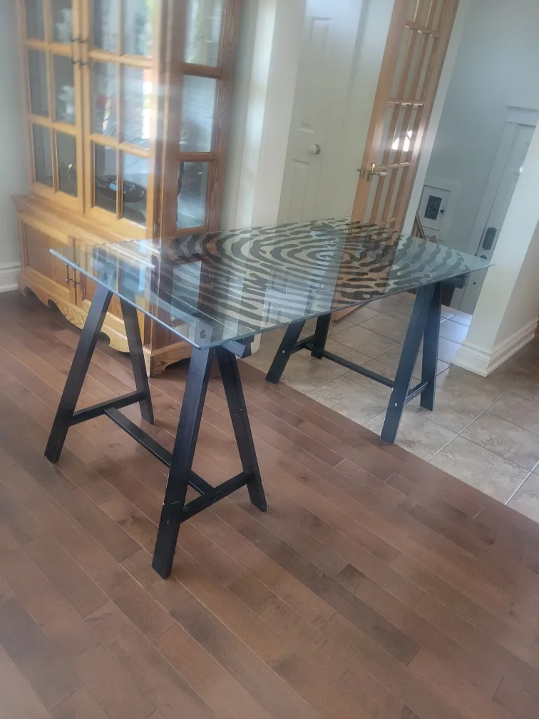 Ikea Fingerprint Glass Top Desk with Black Sawhorse Legs thumbnail