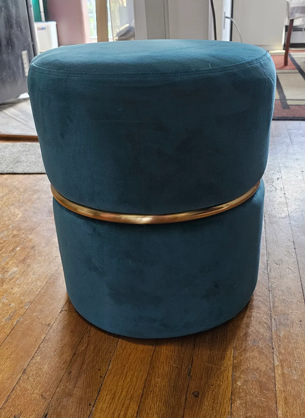 Teal Velvet Ottoman Footstool with Gold Accent thumbnail