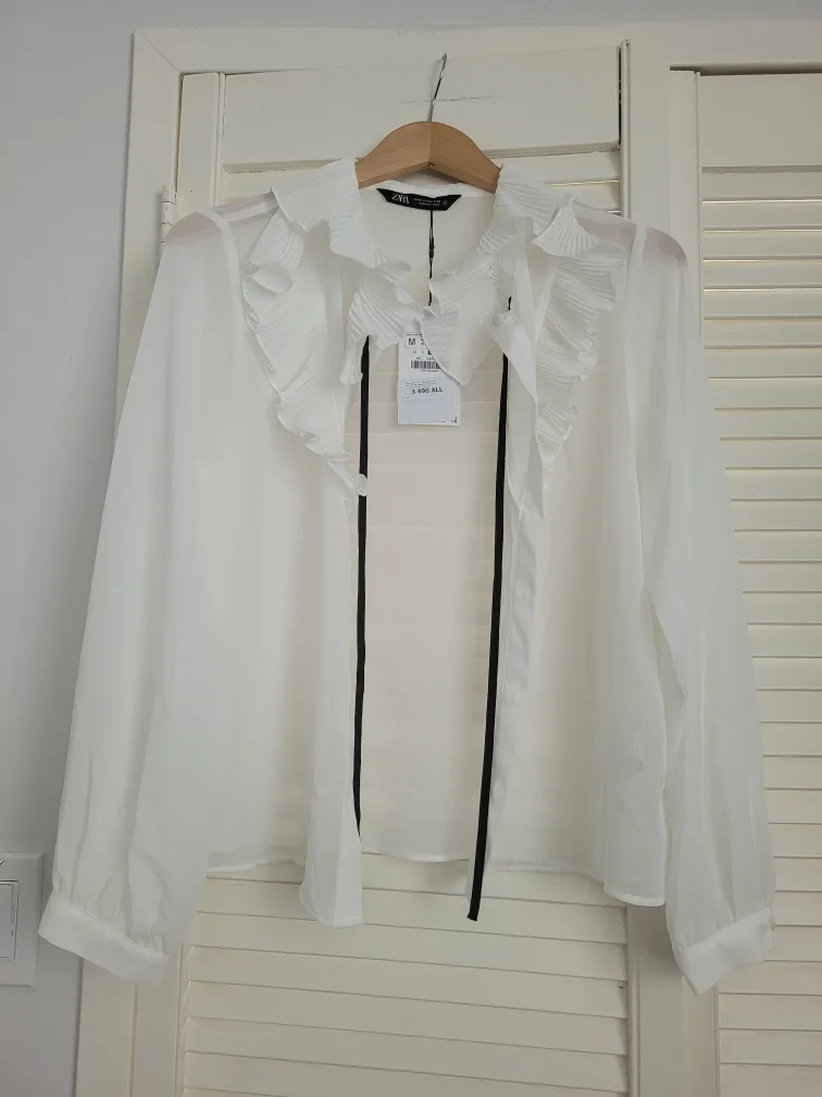Zara White Ruffle Blouse - Size M thumbnail