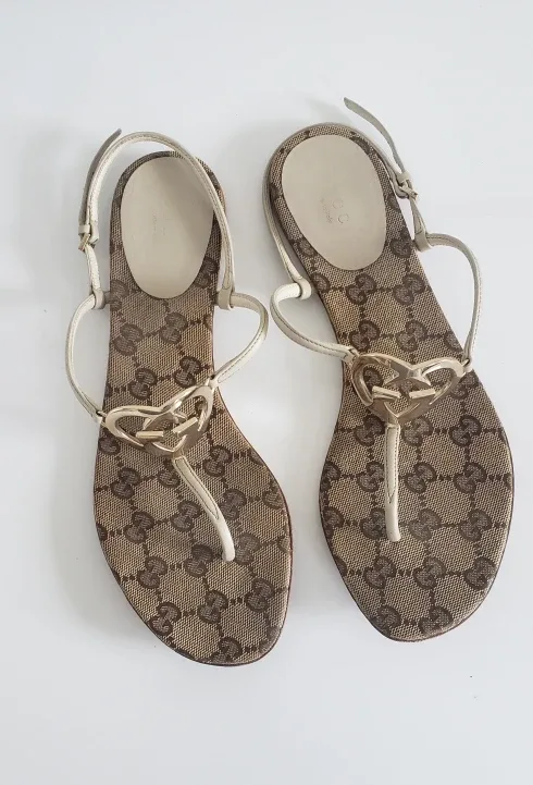 Gucci Monogram Leather Thong Sandals w Gold Heart Logo image indicator(4)
