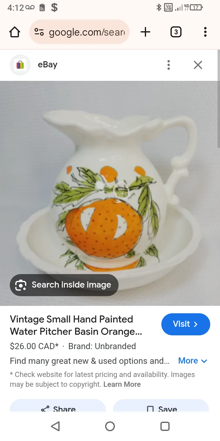 Vintage Hand Painted Water Pitcher Basin Orange thumbnail
