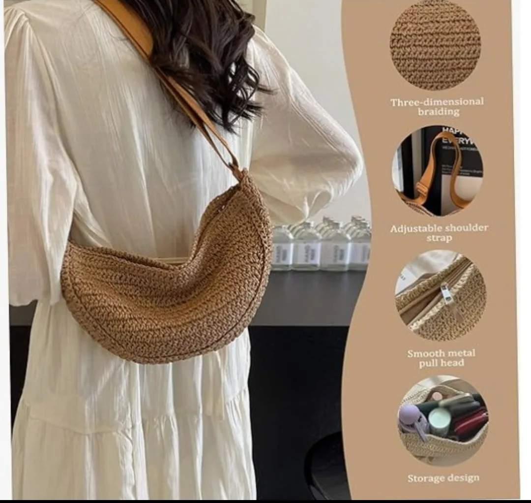 Straw Crossbody Bag, chic half moon bag with adjustable strap thumbnail
