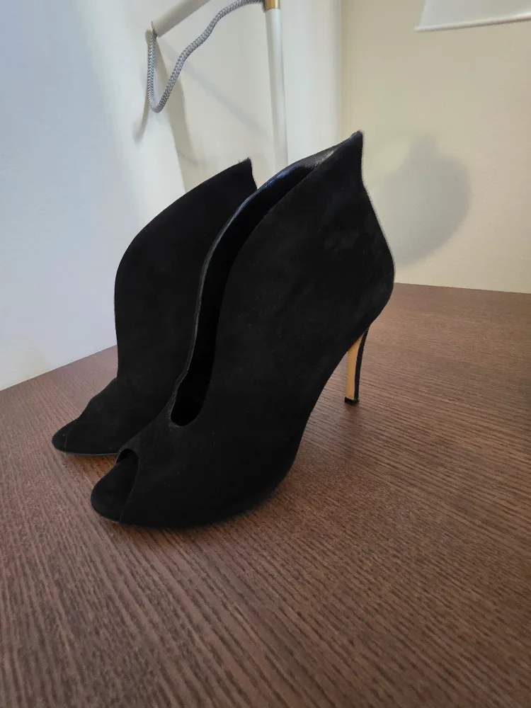 Elle Black Suede Open Toe Heels, Size 39 thumbnail