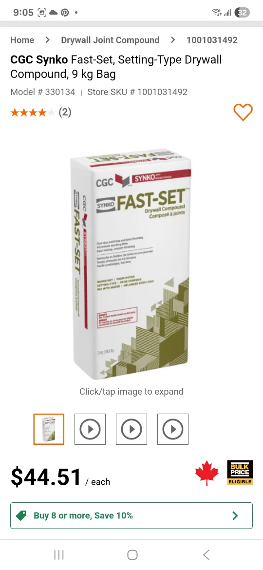CGC Synko Fast-Set Drywall Compound, 9 kg Bag thumbnail
