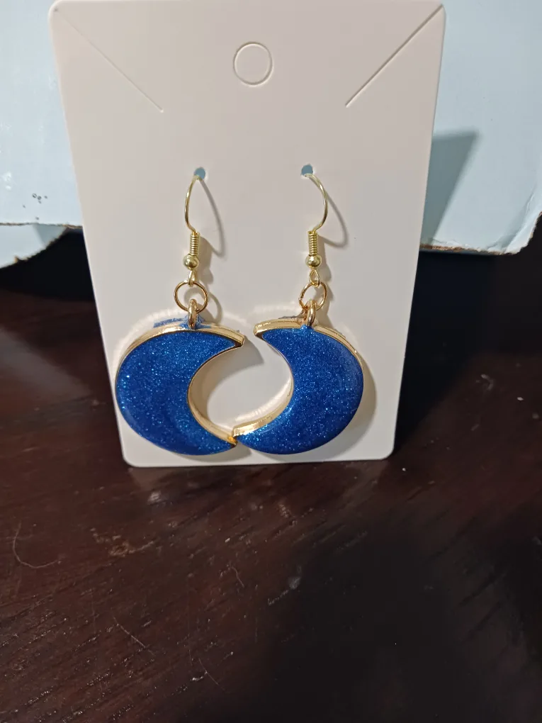 Blue Glitter Crescent Moon Earrings