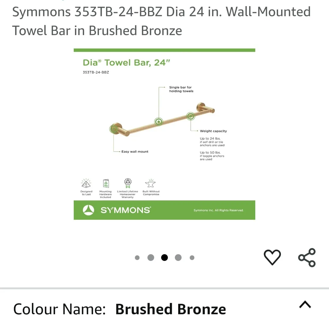 Symmons 353TB-24-BBZ Dia 24 in. Wall-Mounted Towel Bar image indicator(3)