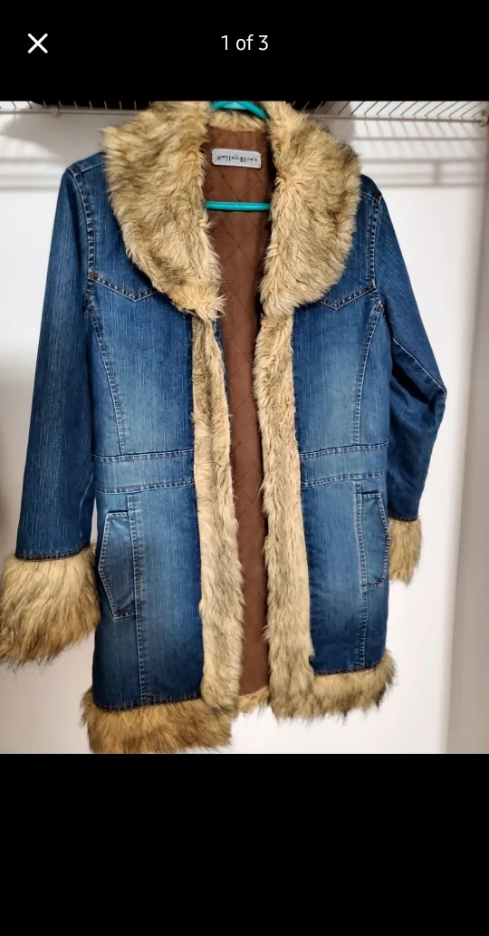 Vintage Blue Denim & Faux Fur Coat Size M thumbnail