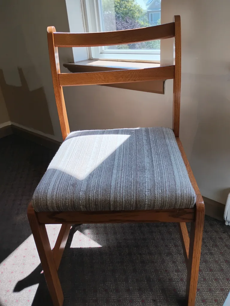 Two Oak Chairs with Cushioned Seats and Opaque Glass Table image indicator(5)