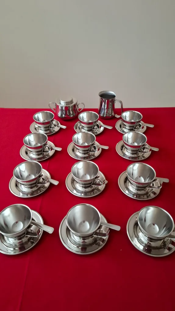 12 Stainless Steel Espresso Cups + Sugar Bowl & Creamer thumbnail