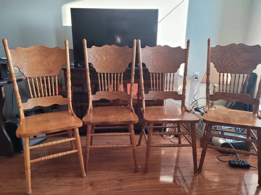 Set of 4 Vintage Wooden pressed back Dining Chairs thumbnail