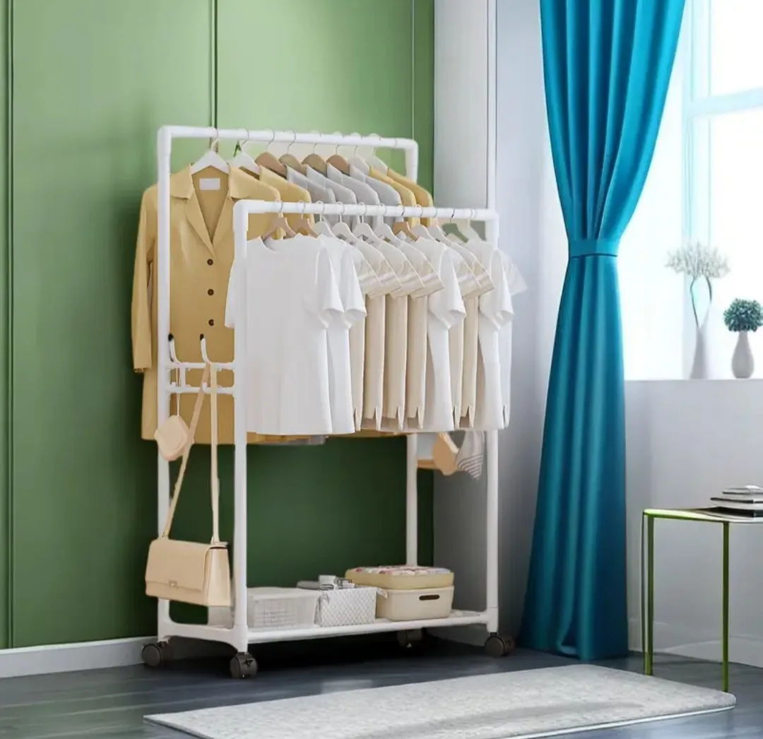 White Metal Rolling Garment Rack thumbnail