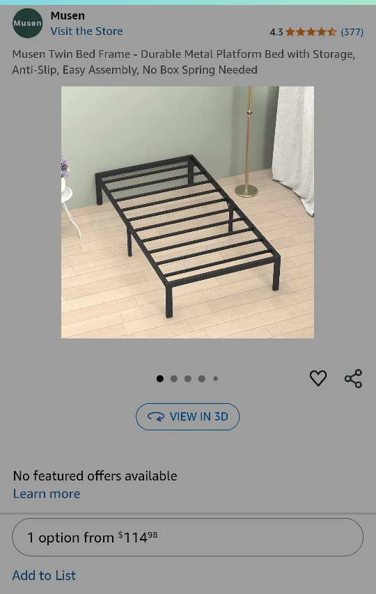 Musen 14" Black Metal Platform Twin Bed Frame (New-Opened Box) thumbnail