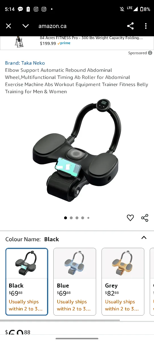 Taka Neko Automatic Rebound Ab Roller - Black thumbnail