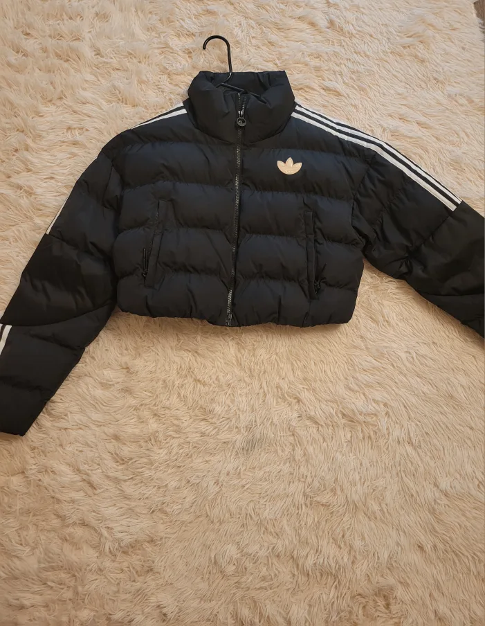 Adidas Black Cropped Puffer Jacket thumbnail