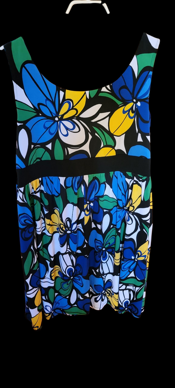 Blue,Black and White Summer Floral Dress, Sleeveless