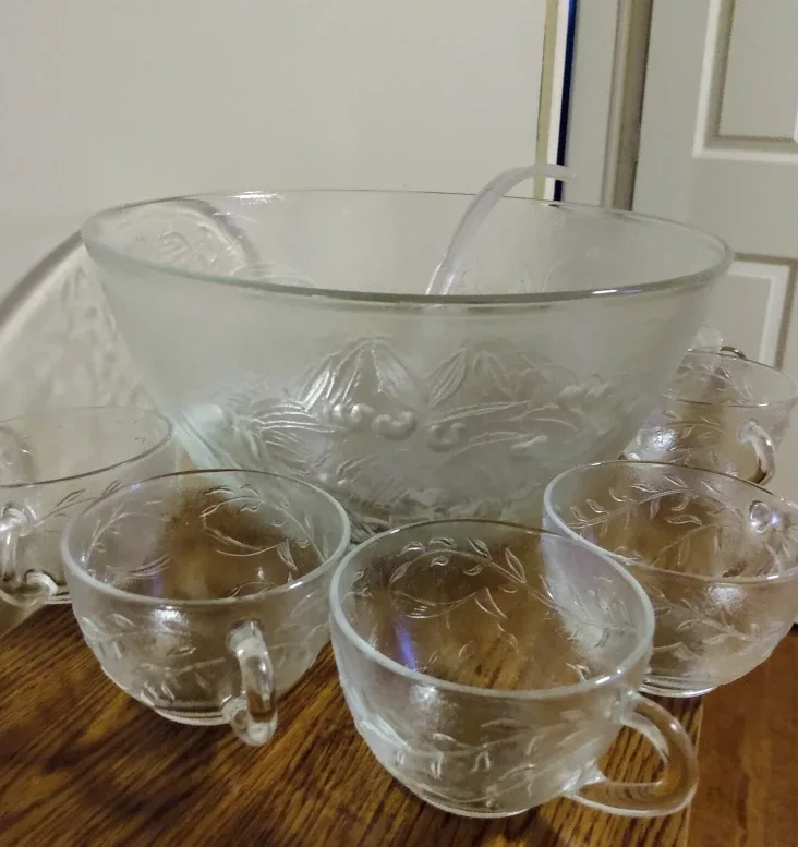 Vintage Glass Punch Bowl Set with 8 glasses and ladle image indicator(2)