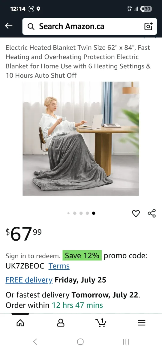 Electric Heated Blanket Twin Size 62" x 84" Gray image indicator(5)