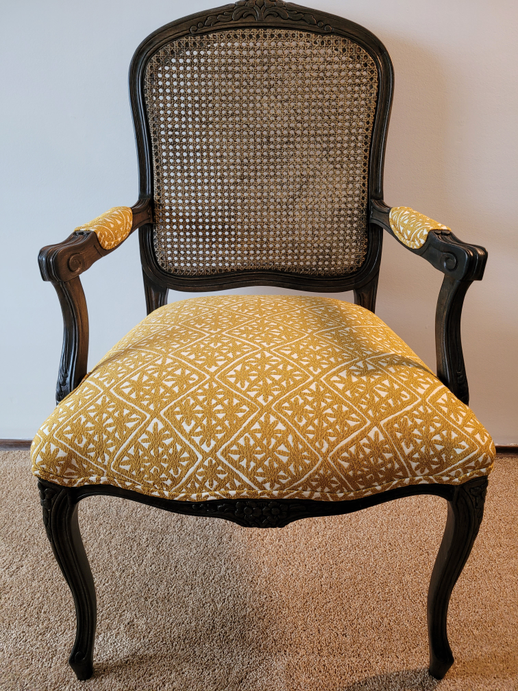 Antique Cane Back Armchair - Yellow Patterned Seat