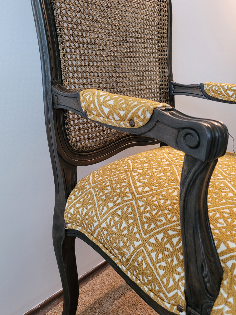 Antique Cane Back Armchair - Yellow Patterned Seat - photo 3