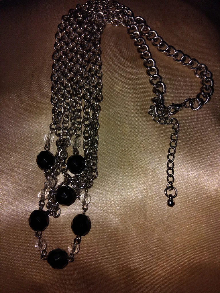 Silver Tone Chain Necklace with Black Beads image indicator(2)