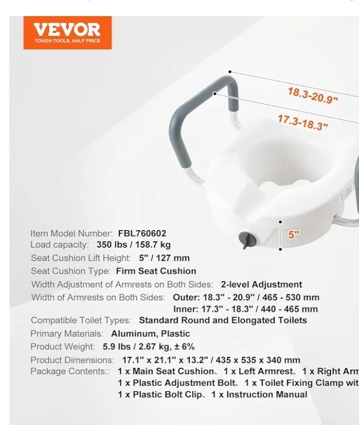 VEVOR Raised Toilet Seat 5" Height image indicator(4)