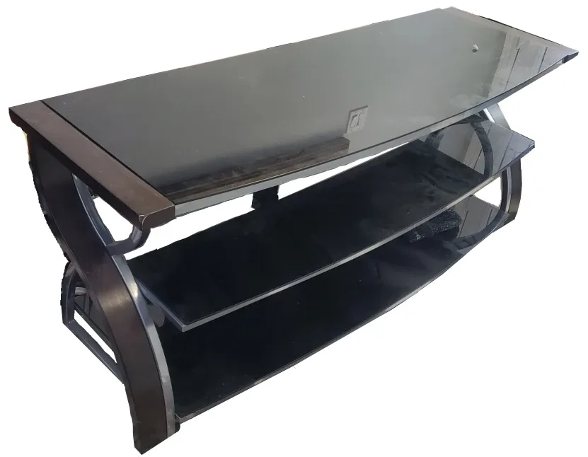 Black Glass and Wood TV Stand with Shelves thumbnail