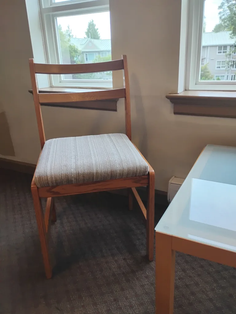 Two Oak Chairs with Cushioned Seats and Opaque Glass Table image indicator(3)