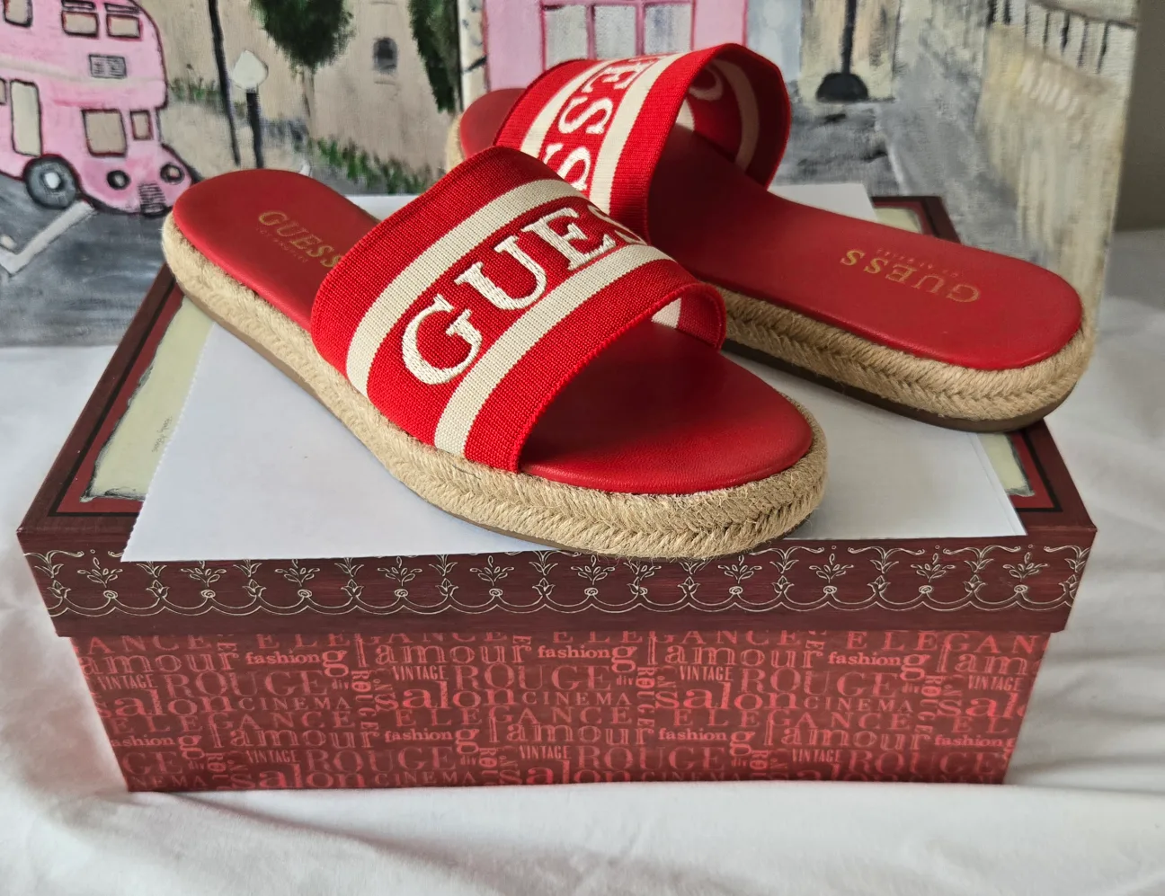 GUESS Red & White Espadrille Slides / Sandals / Slippers