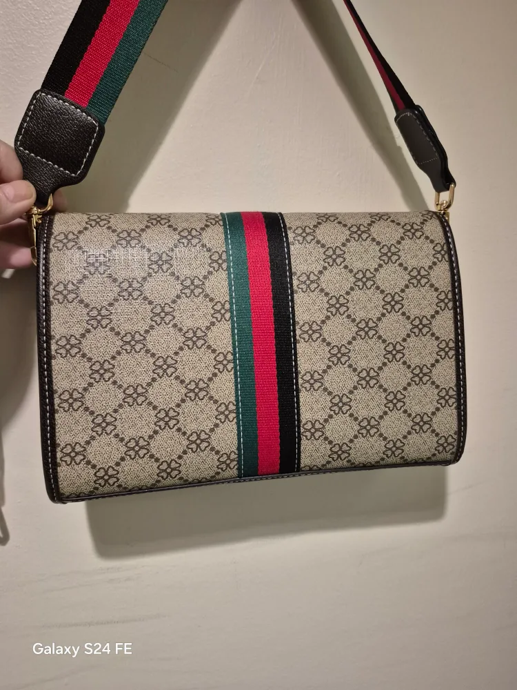 Patterned Crossbody Bag with Striped Strap image indicator(6)