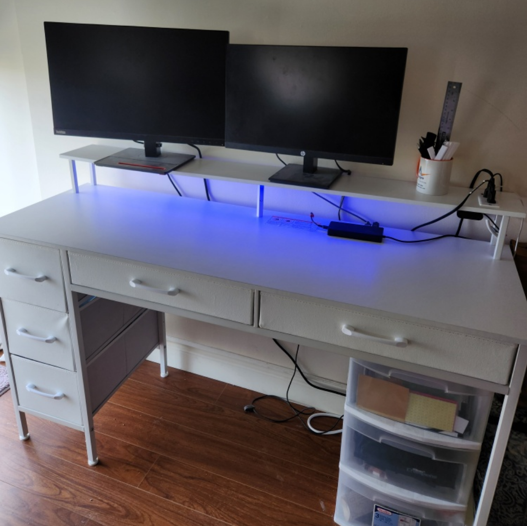 White Computer Desk with LED & outlets