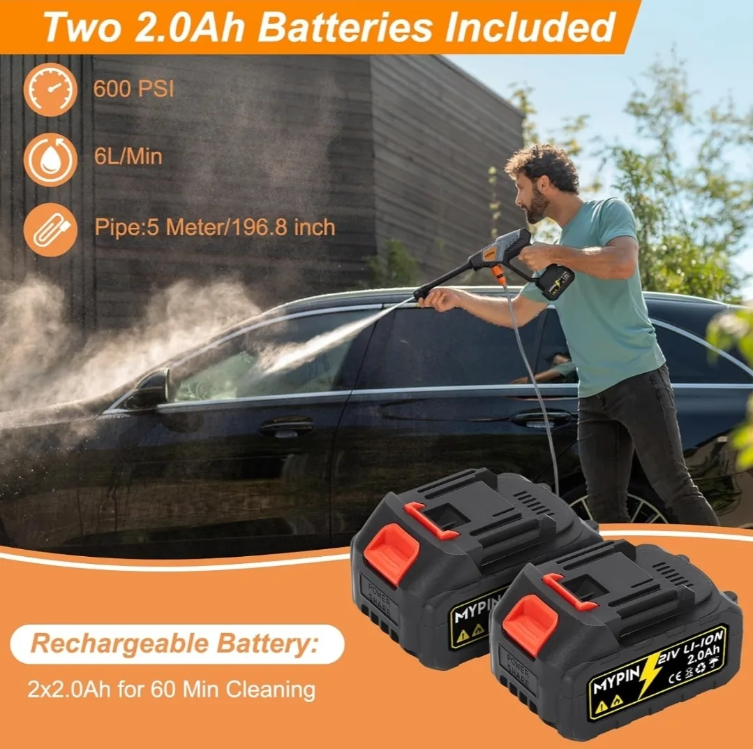 Portable 600 PSI Cordless Pressure Washer with 2 Batteries | 21V image indicator(7)