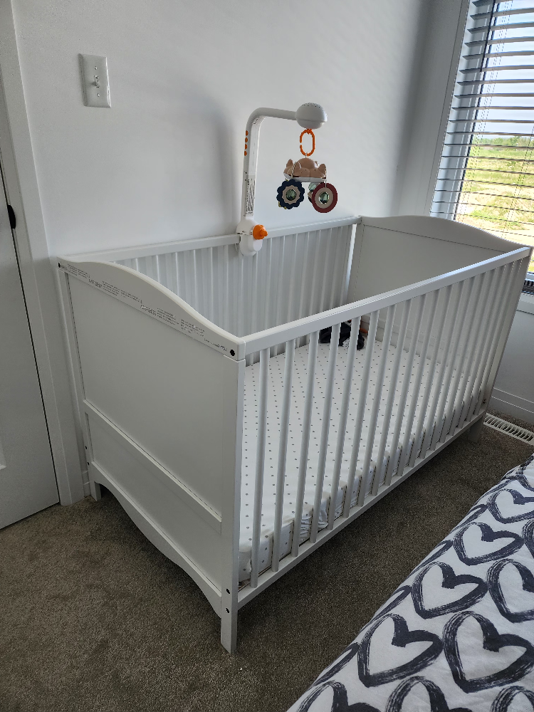 White Baby Crib with Mobile and mattress