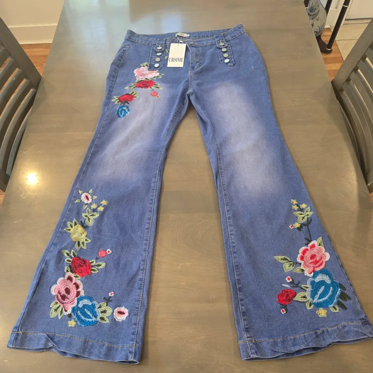 Ursime Embroidered High Waist Flare Jeans - Size XL thumbnail