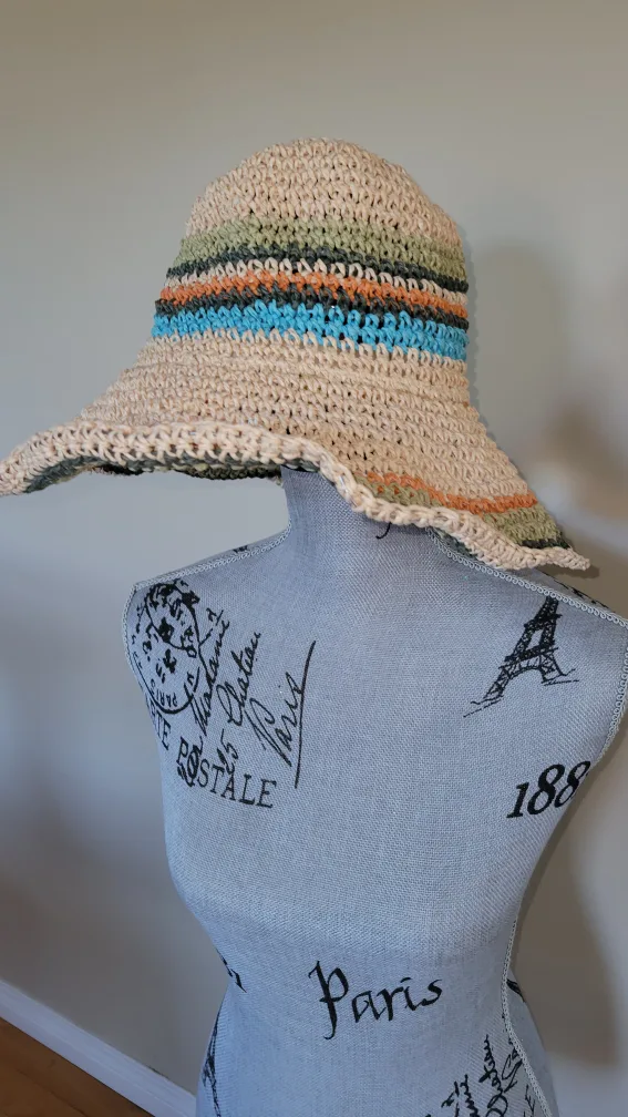 Brand New Foldable Straw Sun Hat - Beige with Colourful Stripes thumbnail