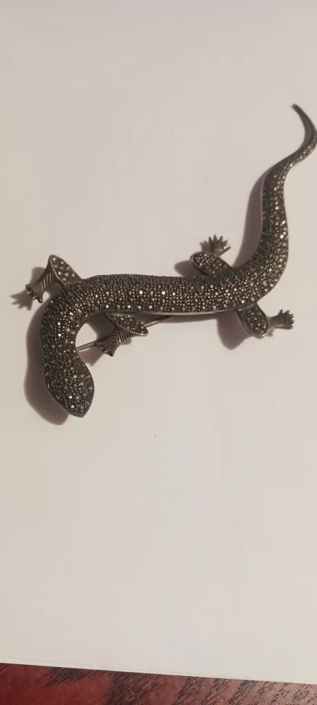 Sterling Silver 925 Marcasite Oversized Lizard Brooch. 6"×2". thumbnail