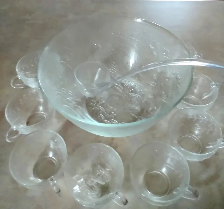 Vintage Glass Punch Bowl Set with 8 glasses and ladle thumbnail