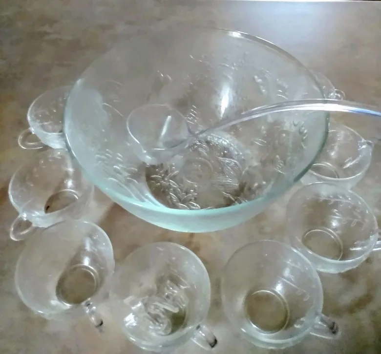 Vintage Glass Punch Bowl Set with 8 glasses and ladle image indicator(3)